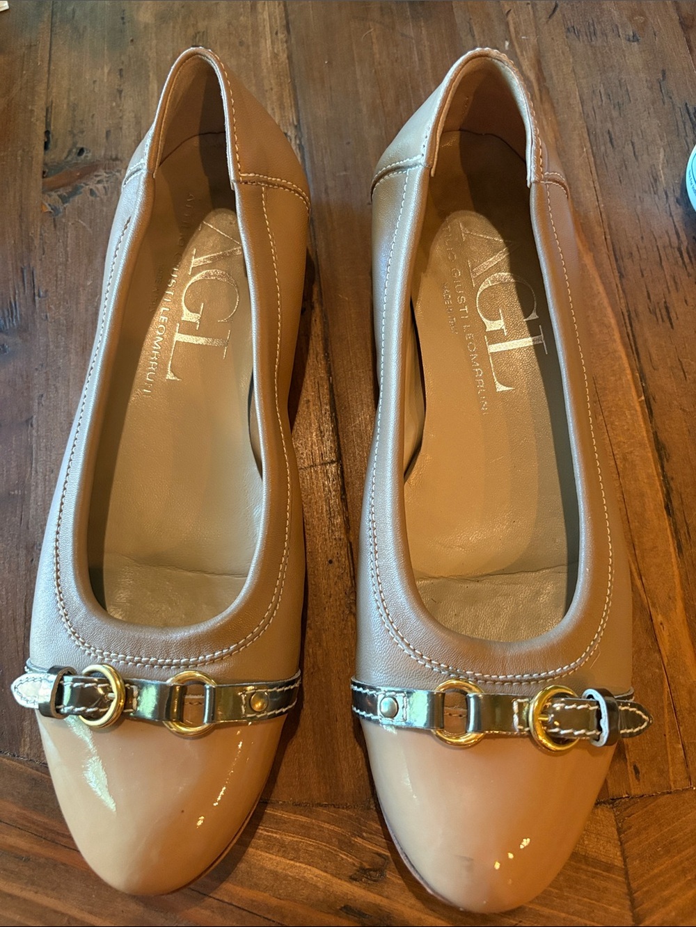 AGL 38 Two-Tone Nude Patent Leather Ballet Flats with Gold Hardware from Italy